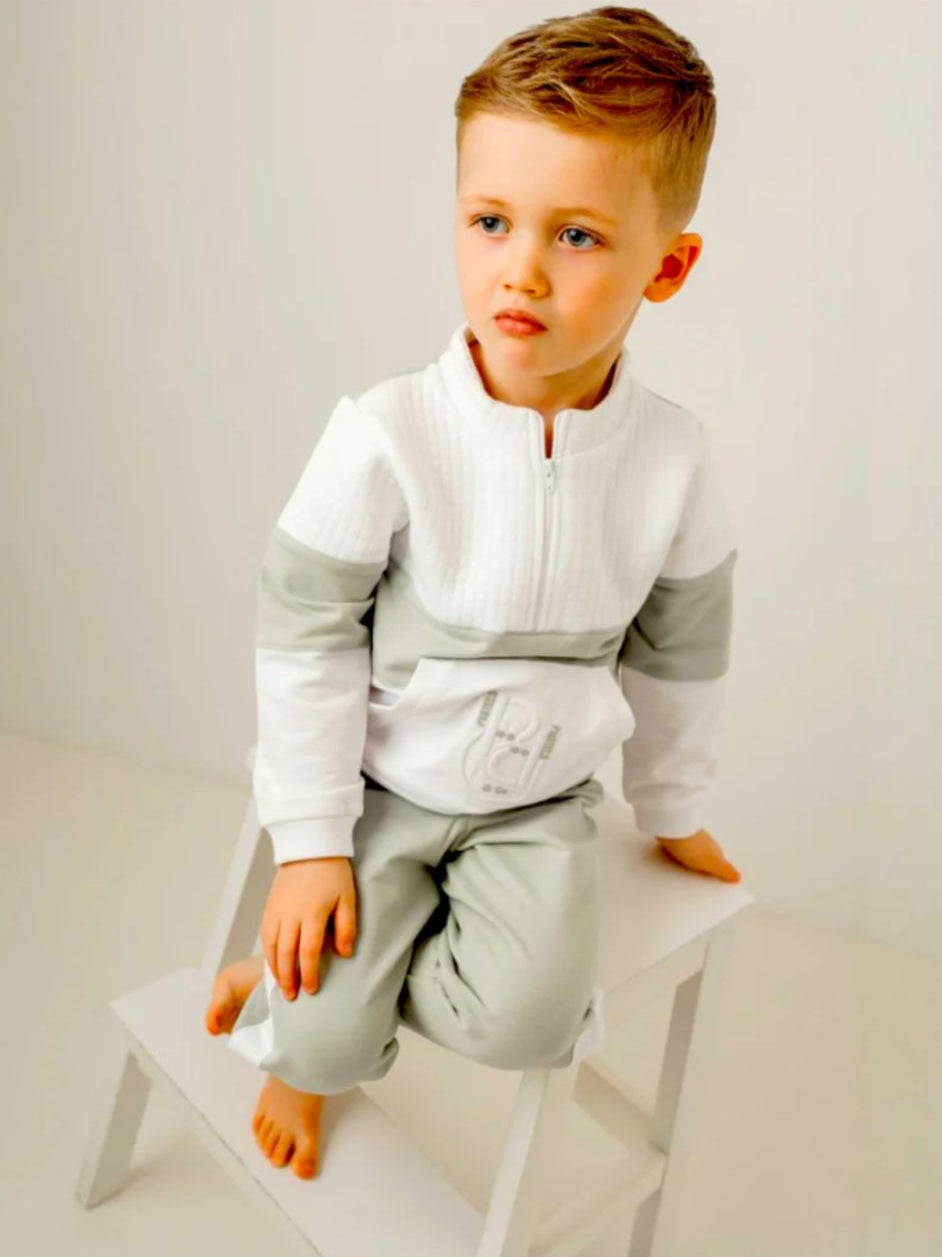Pastels & Co Boys White and Sage Green Tracksuit Set with Half Zip Top - Harvey