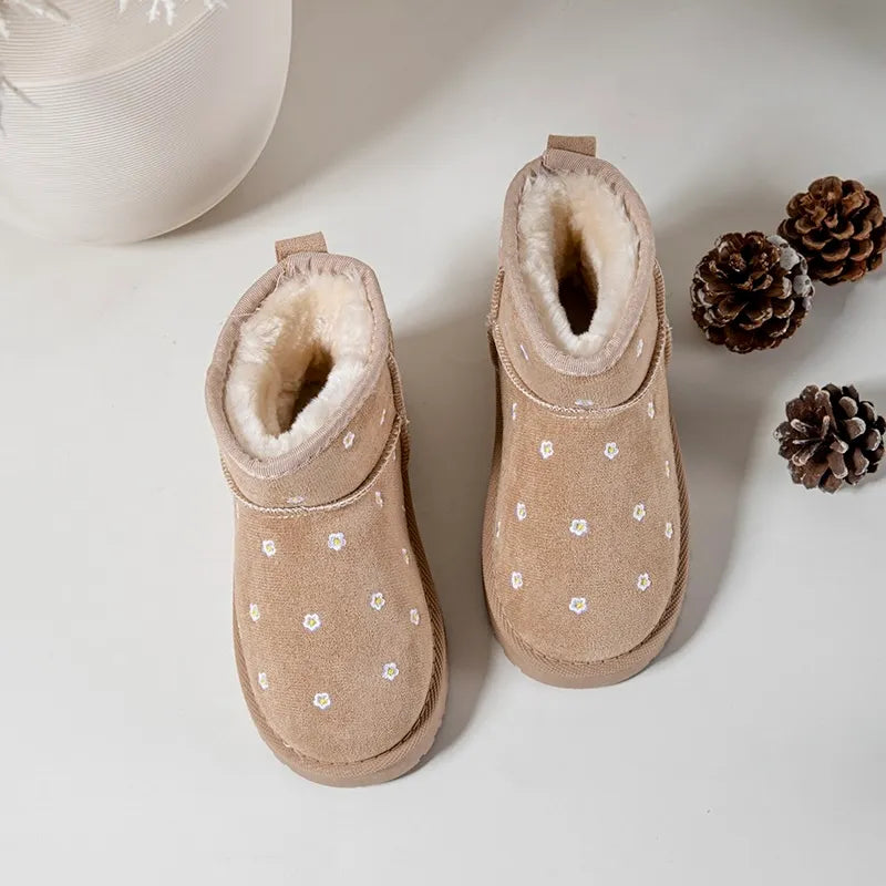 Girls Beige Daisy Embroidered Ankle Boots