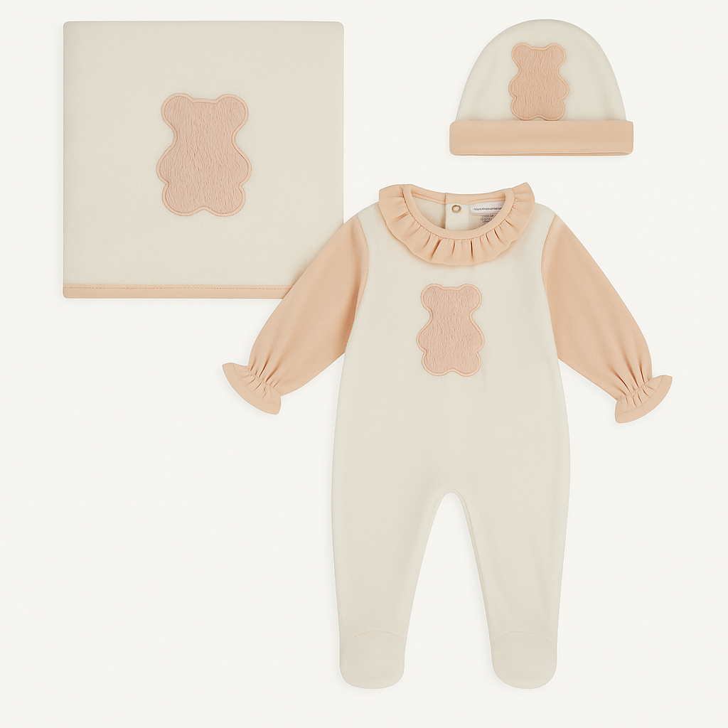 Deolinda Girls Peach Teddy Babygrow, Hat and Blanket Box Set