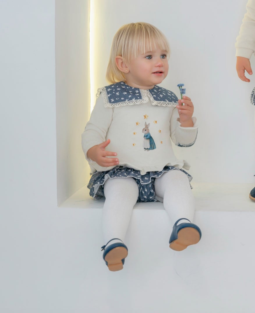 AW25 Miranda Girls Cream and Navy Jam Pant Set Rabbit Design