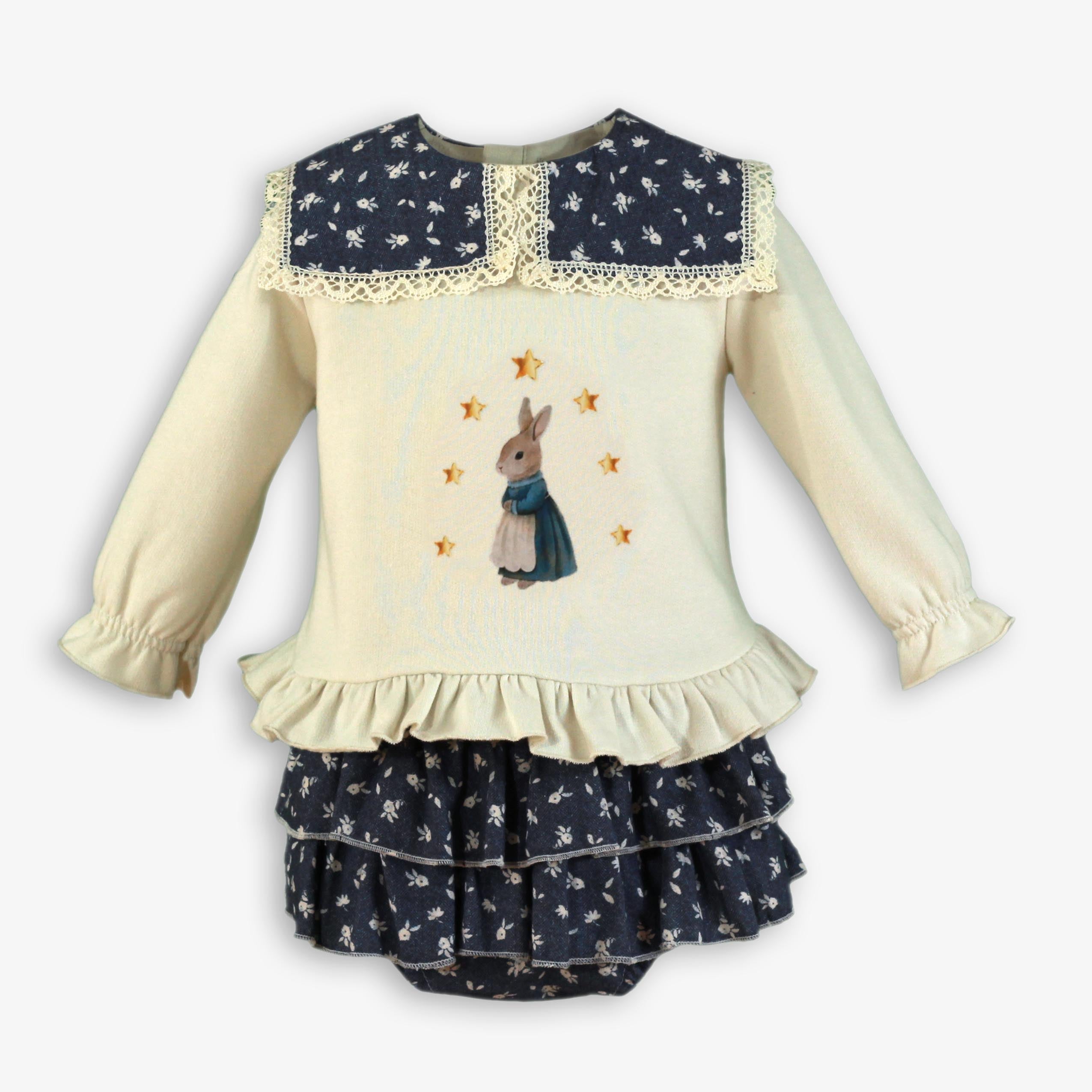 AW25 Miranda Girls Cream and Navy Jam Pant Set Rabbit Design