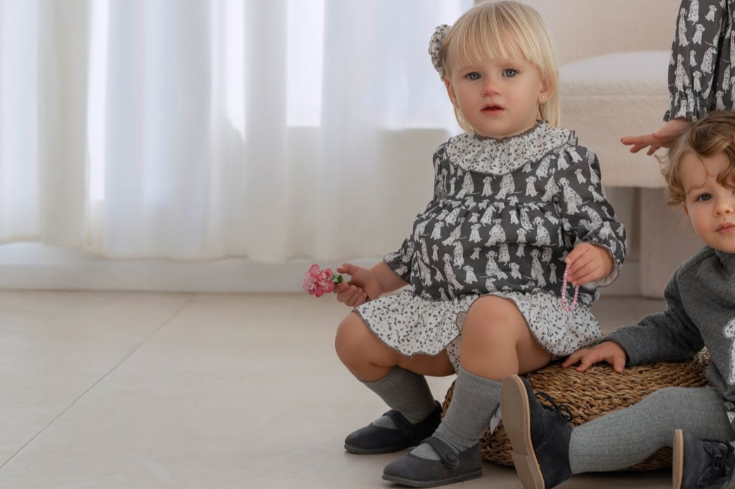 AW25 Miranda Baby Girls Dark Grey & White Dalmatian Pattern Dress