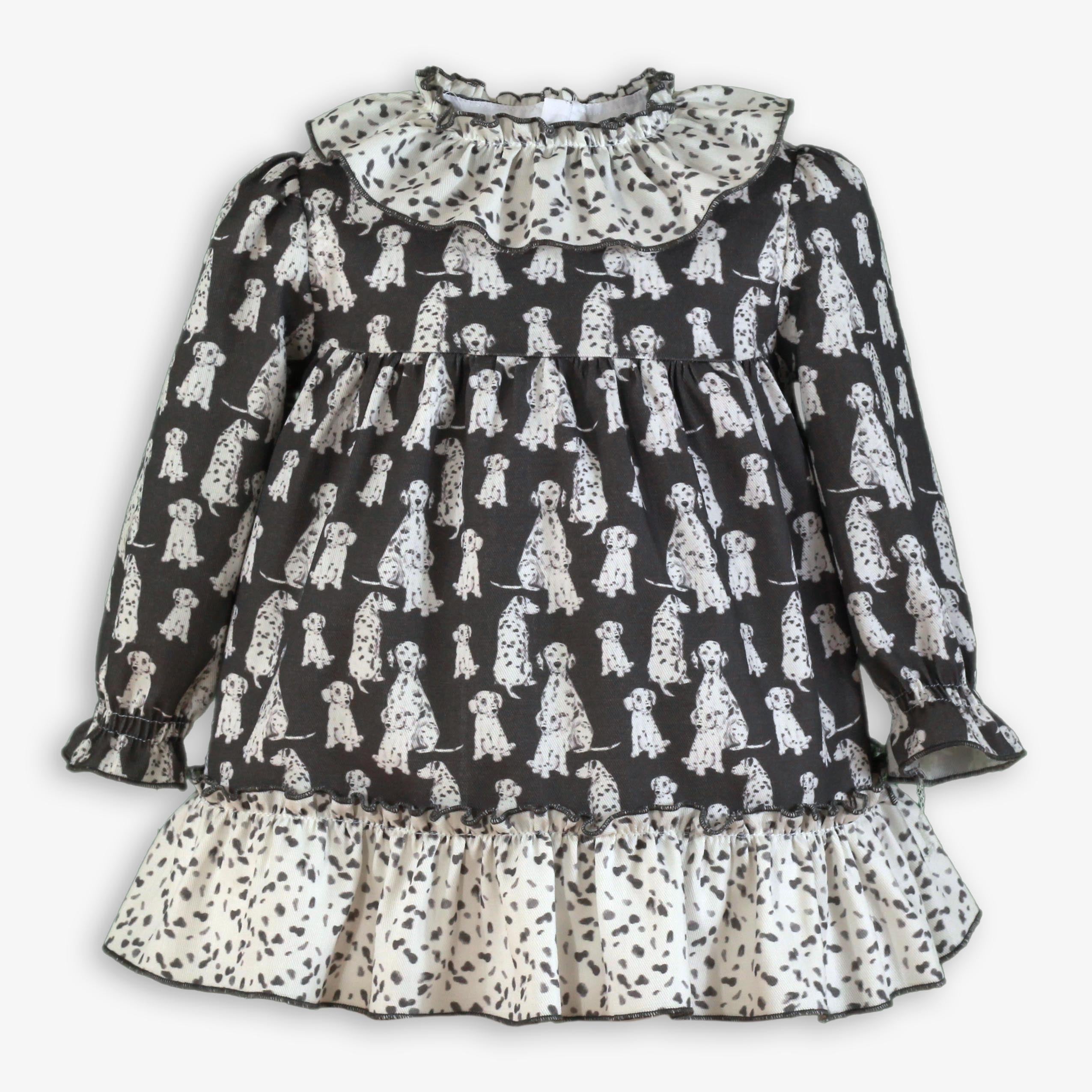 AW25 Miranda Baby Girls Dark Grey & White Dalmatian Pattern Dress