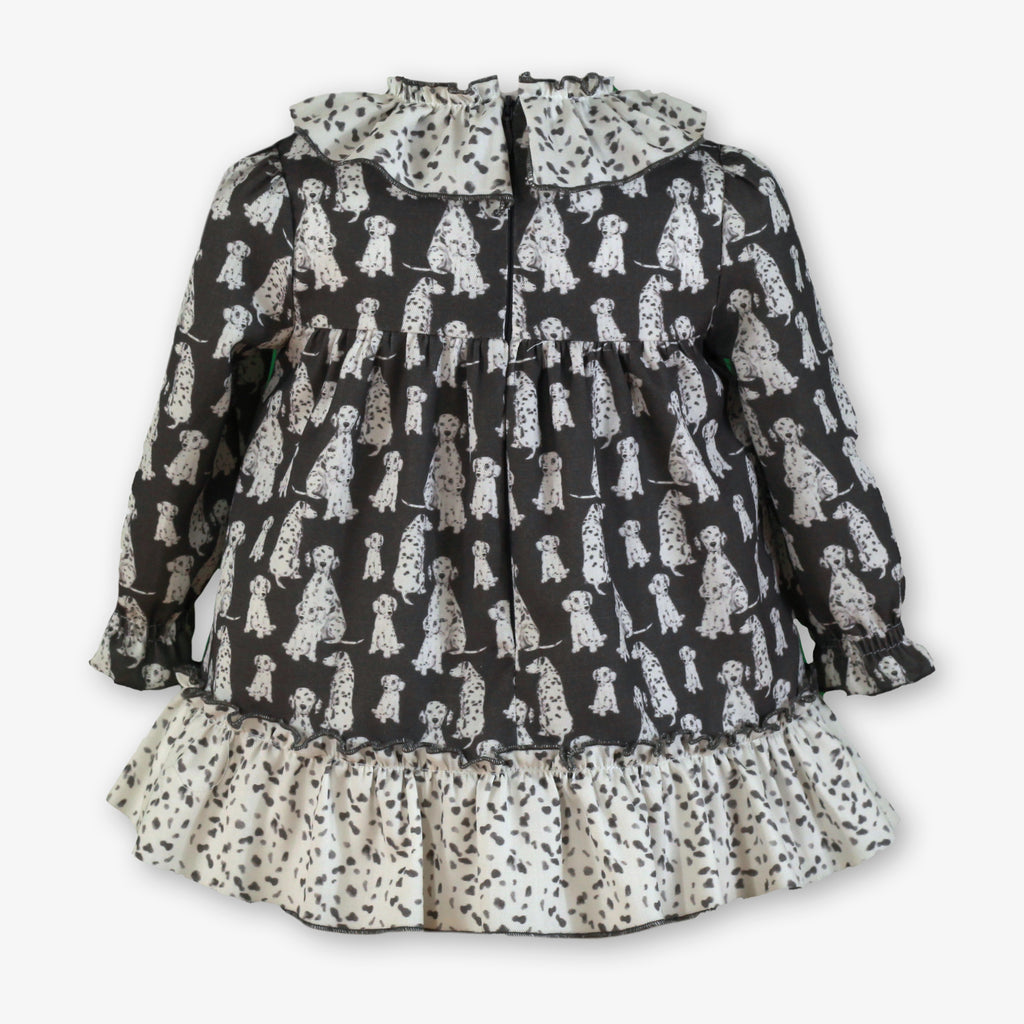 AW25 Miranda Baby Girls Dark Grey & White Dalmatian Pattern Dress