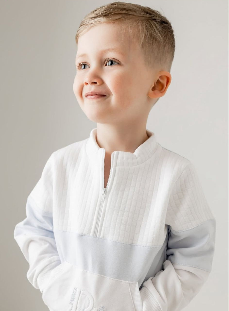 Pastels & Co Boys White and Blue Tracksuit Set with Half Zip Top - Harvey