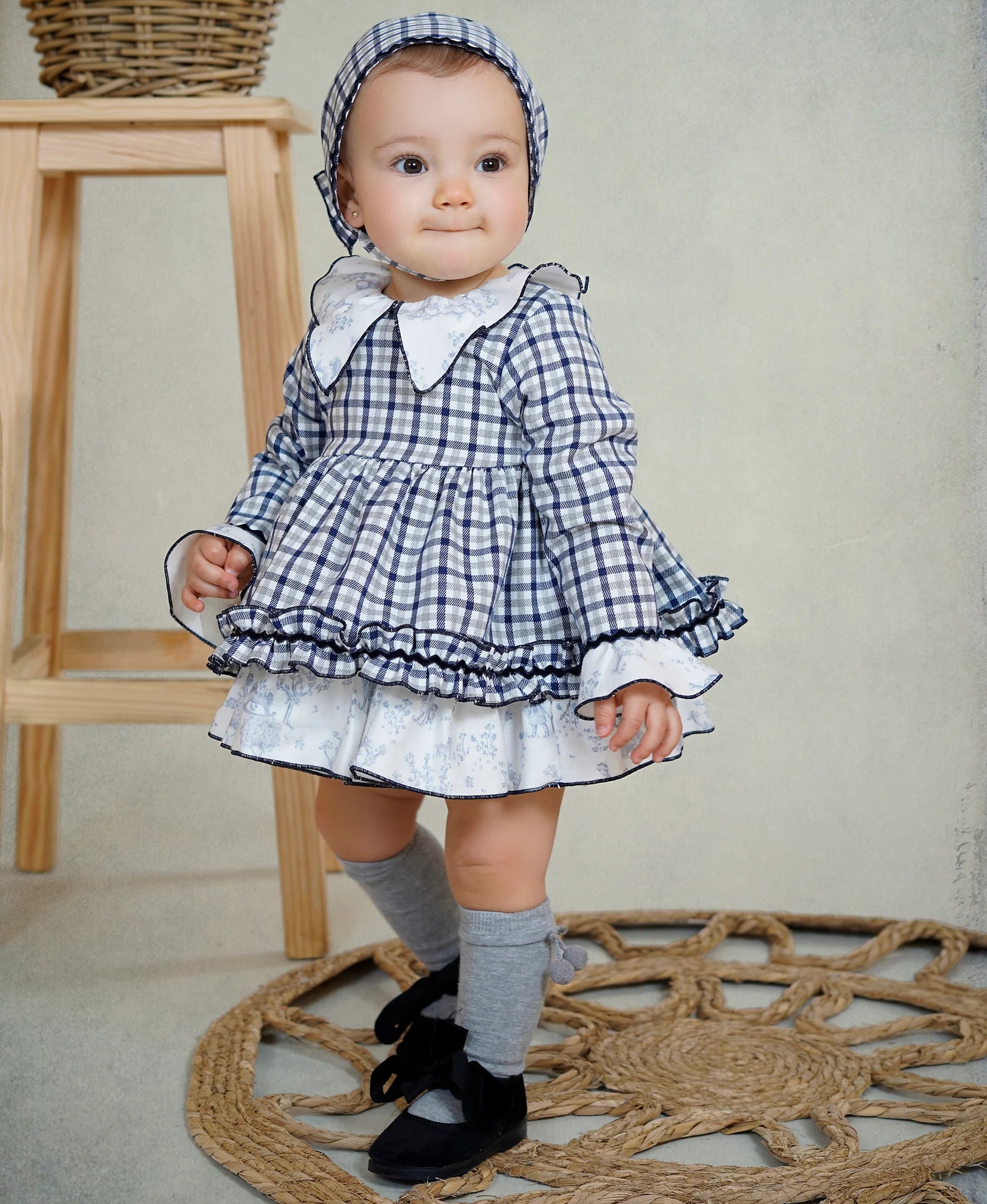 AW25 DBB Baby Girls Navy Check Dress with Matching Knickers and Bonnet