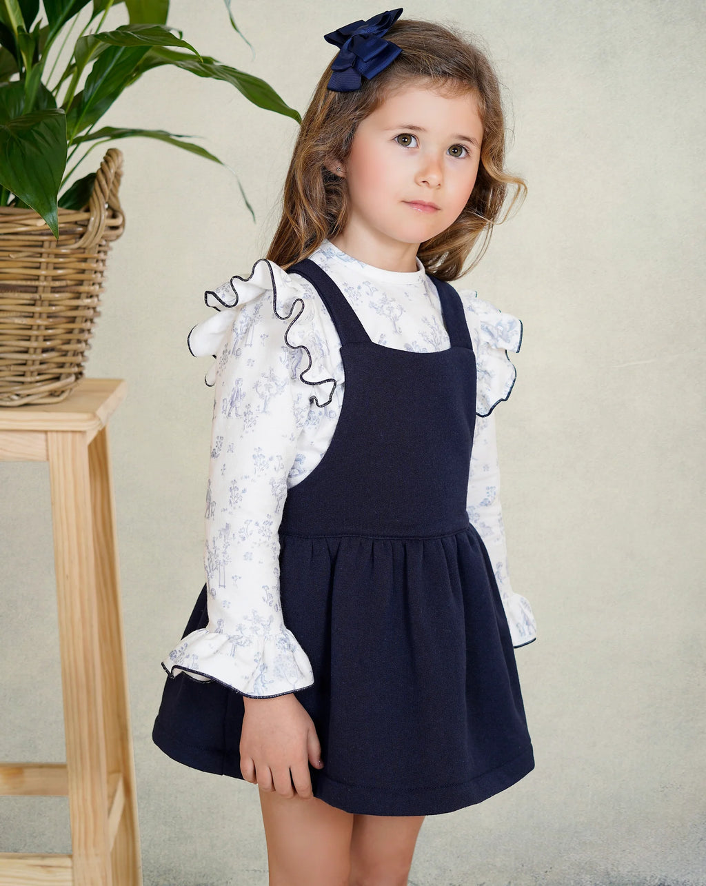 AW25 DBB Girls Navy Pinafore Dress Set with Ruffle Sleeve Blouse
