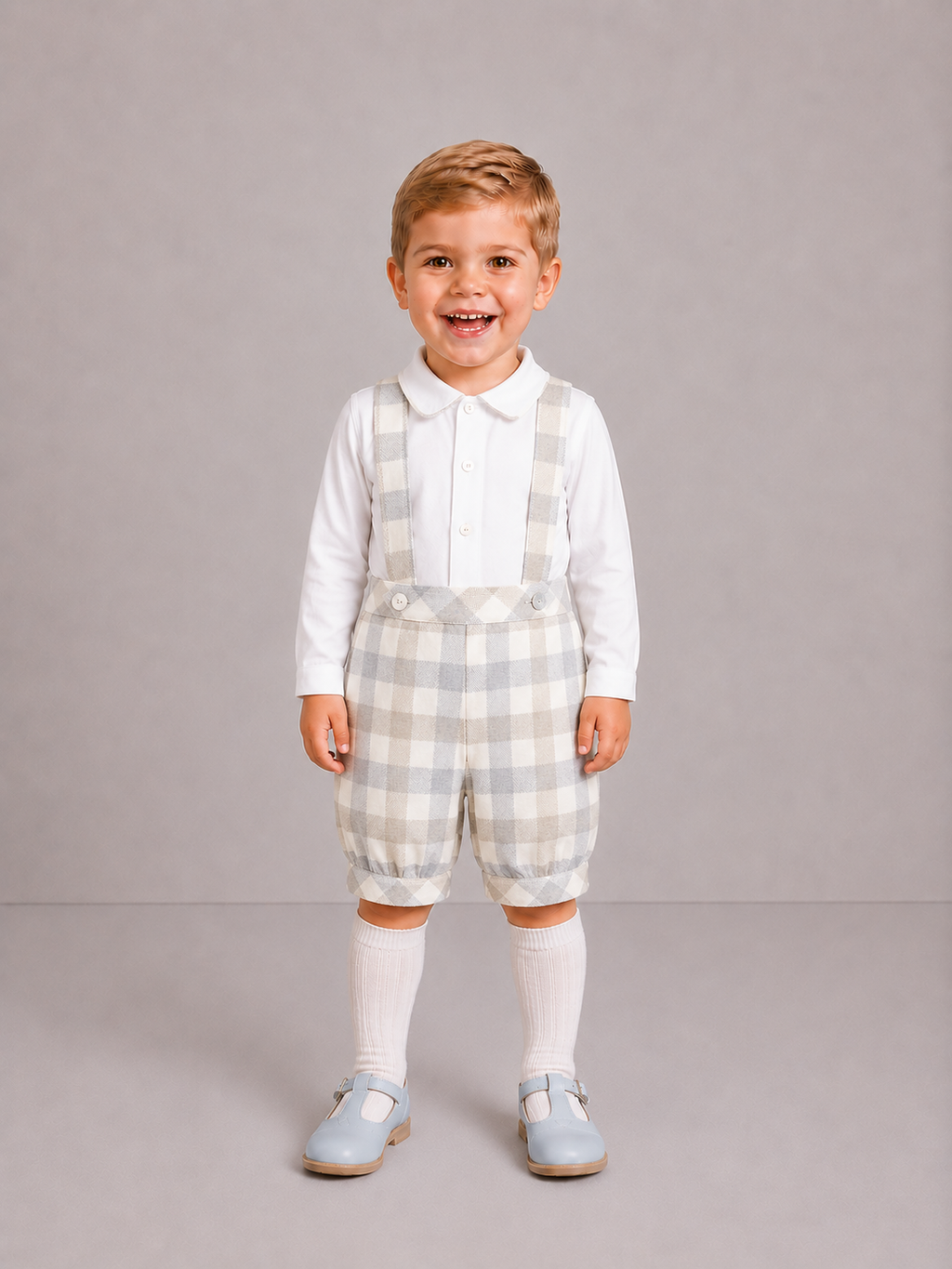 AW26 Deolinda Boys Beige & Off-White Check Two-Piece Set