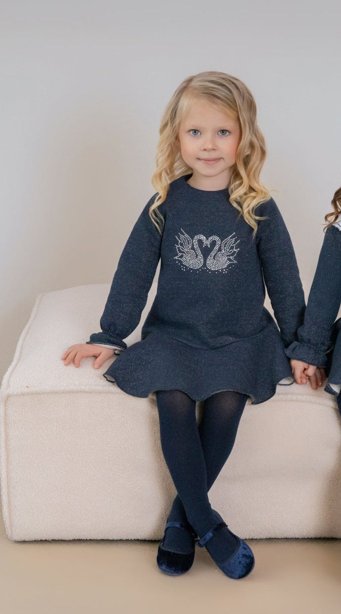 Miranda AW25 Girls Navy A-Line Swan Diamanté Dress