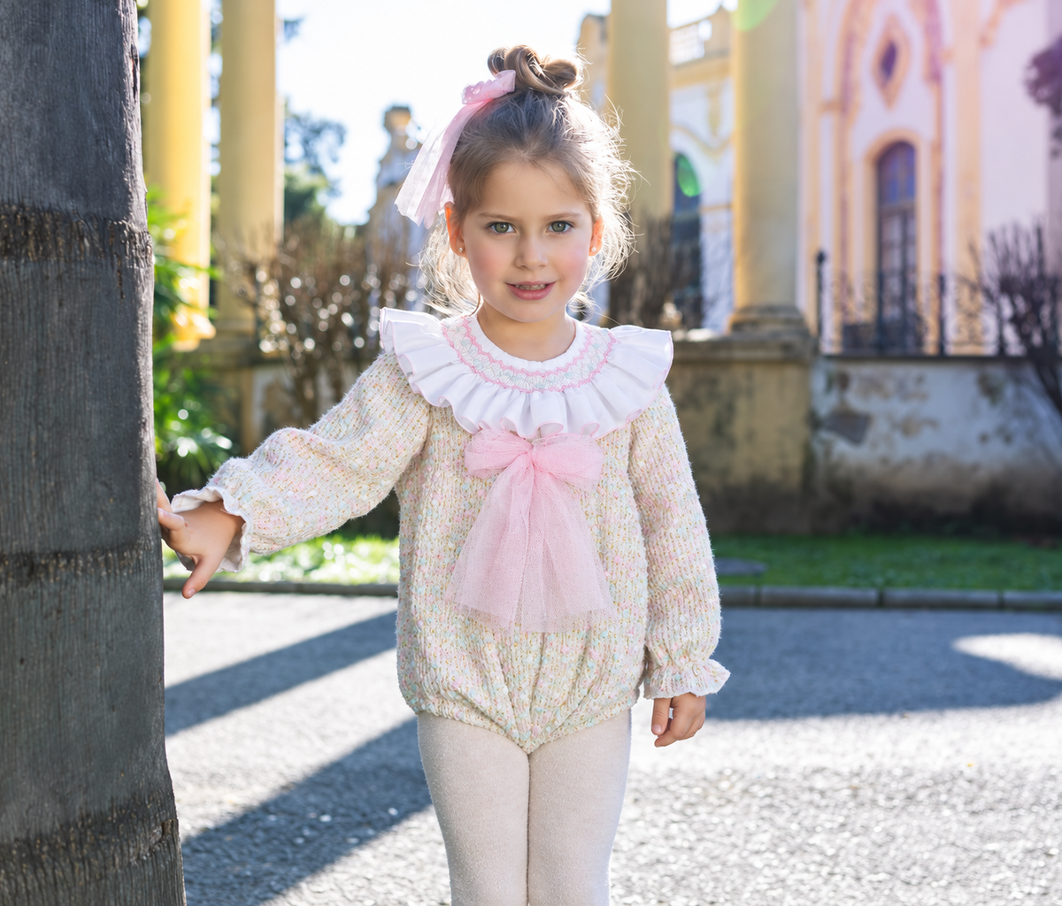 AW26 Naxos Girls Pink Tweed Romper with Tulle Bows