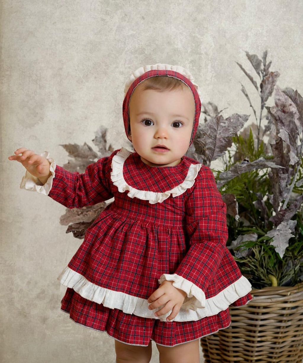 AW25 DBB Baby Girls Red Check Dress with Matching Knickers and Bonnet