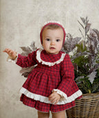 AW25 DBB Baby Girls Red Check Dress with Matching Knickers and Bonnet