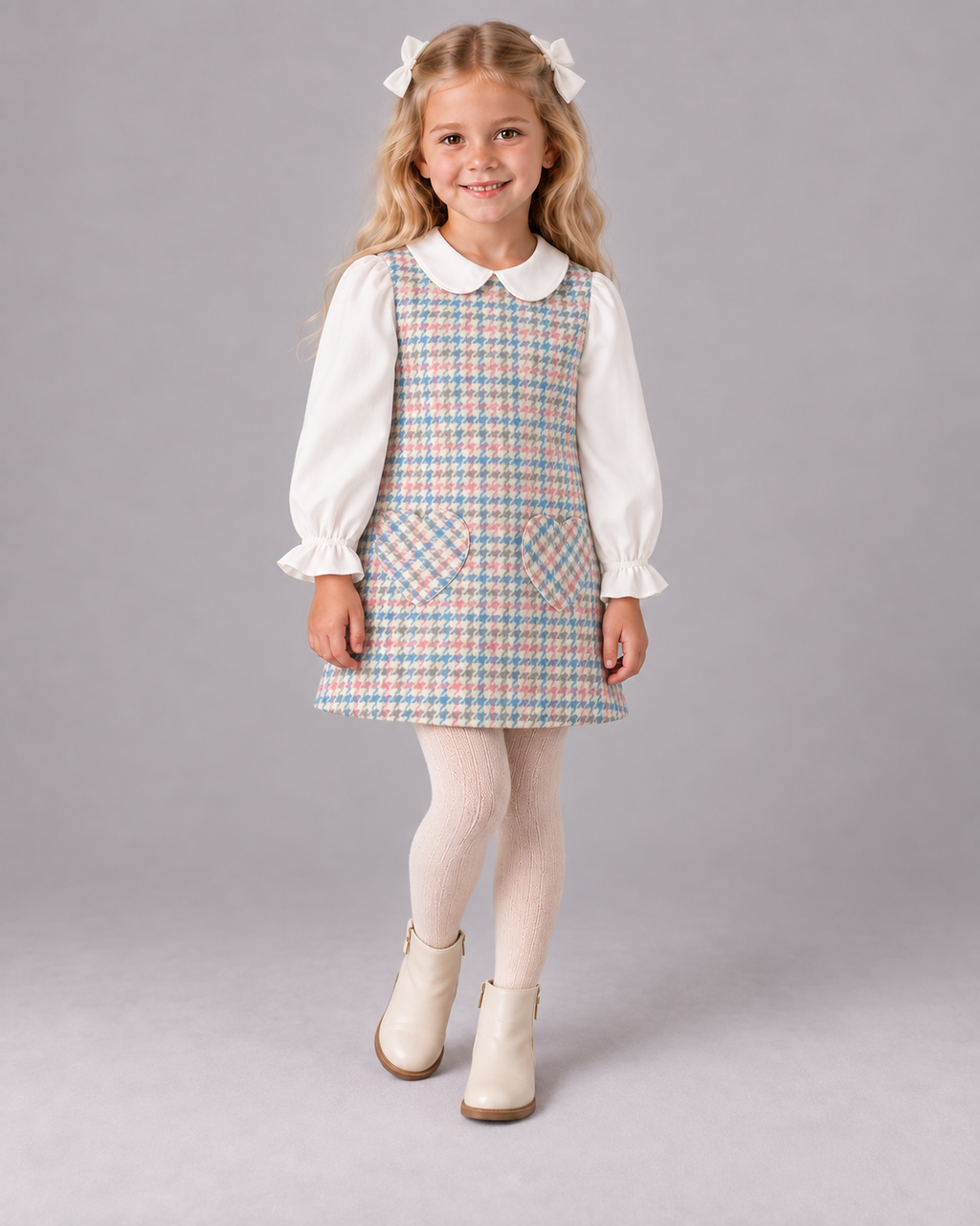 AW26 Deolinda Girls Pink & Blue Houndstooth Pinafore Dress Set