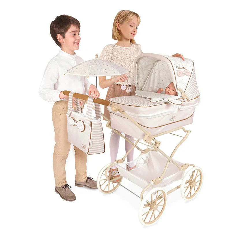 XL Reborn Dolls Pram White & Beige with Matching Bag & Parasol