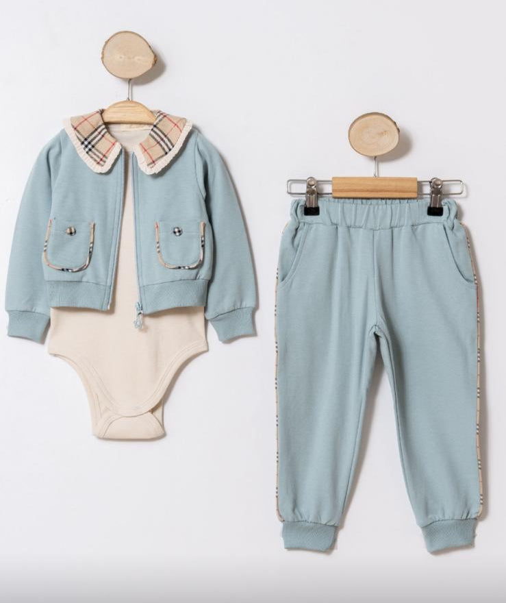 Girls Blue Tracksuit with Checked Collar Detail