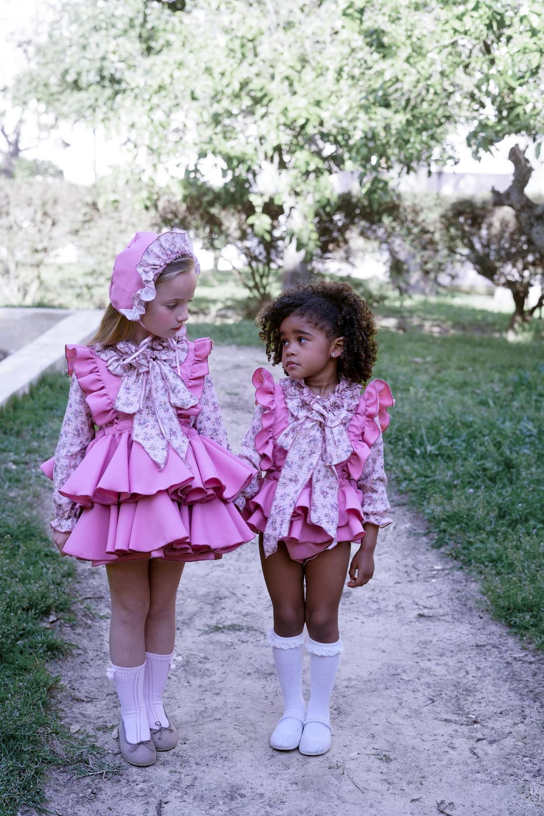 AW25 Ela Confeccion Baby Girls Pink Floral Romper & Matching Bonnet