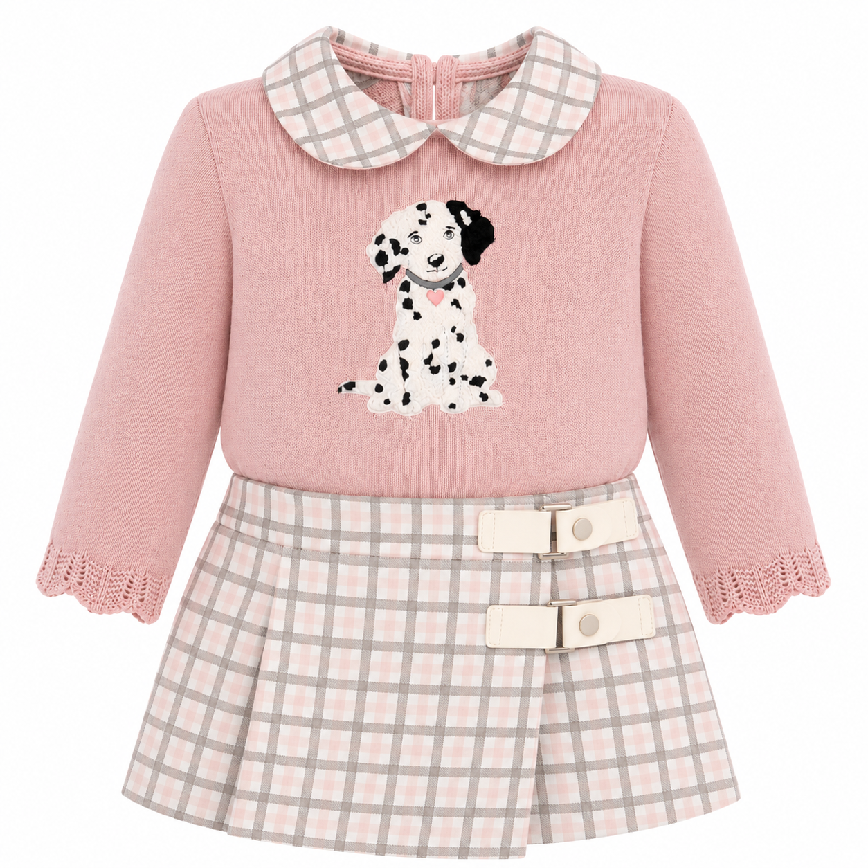 AW26 Deolinda Pink Knit Dalmatian Top & Check Skirt Set