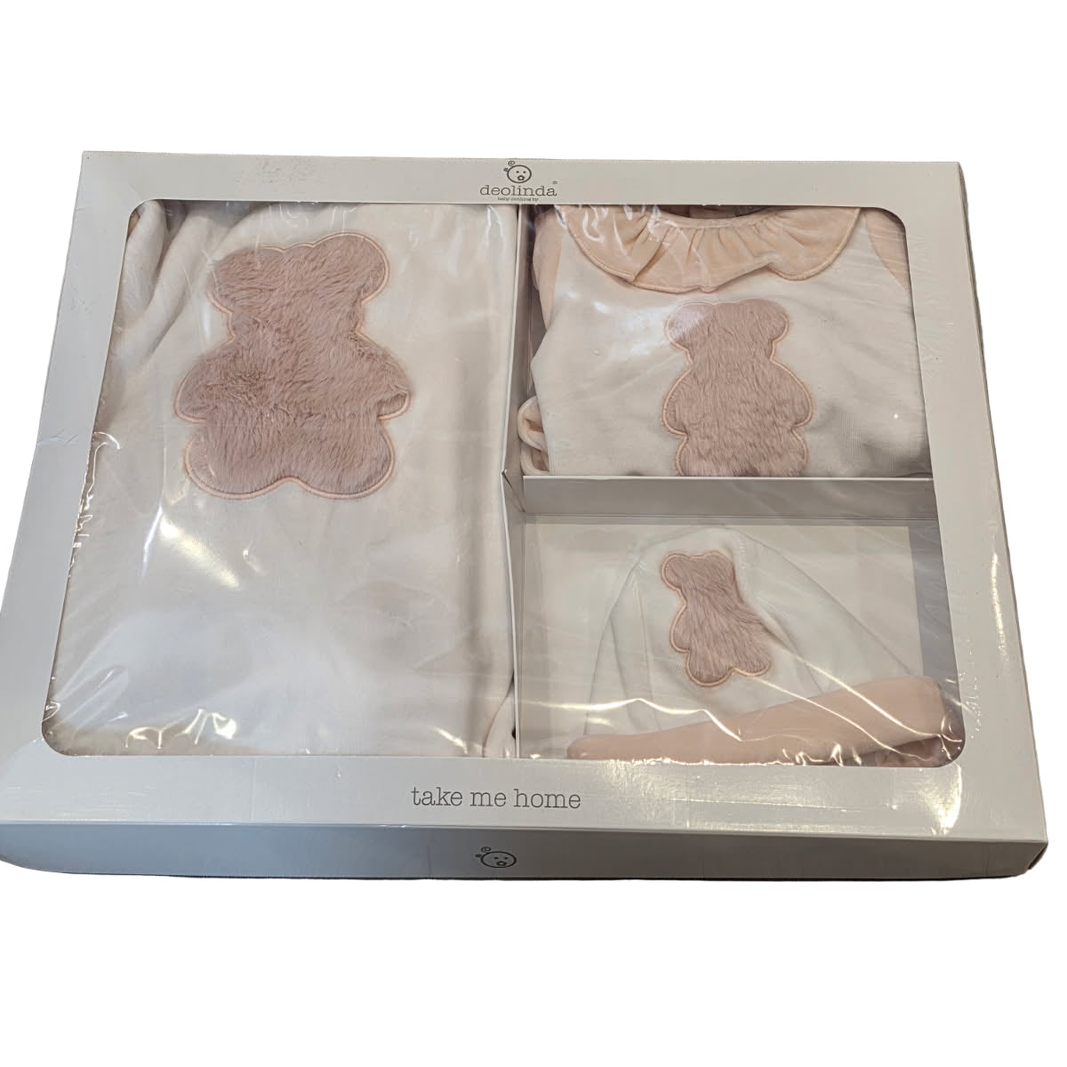 Deolinda Girls Peach Teddy Babygrow, Hat and Blanket Box Set