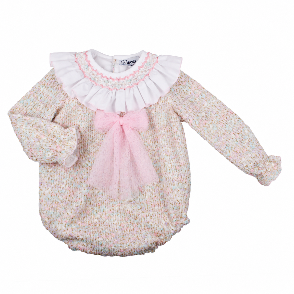 AW26 Naxos Girls Pink Tweed Romper with Tulle Bows