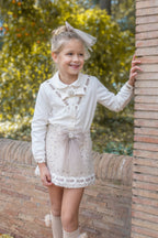 PRE ORDER AW25 Naxos Girls Beige 3 Piece Tweed Blazer, Blouse & Skirt Set