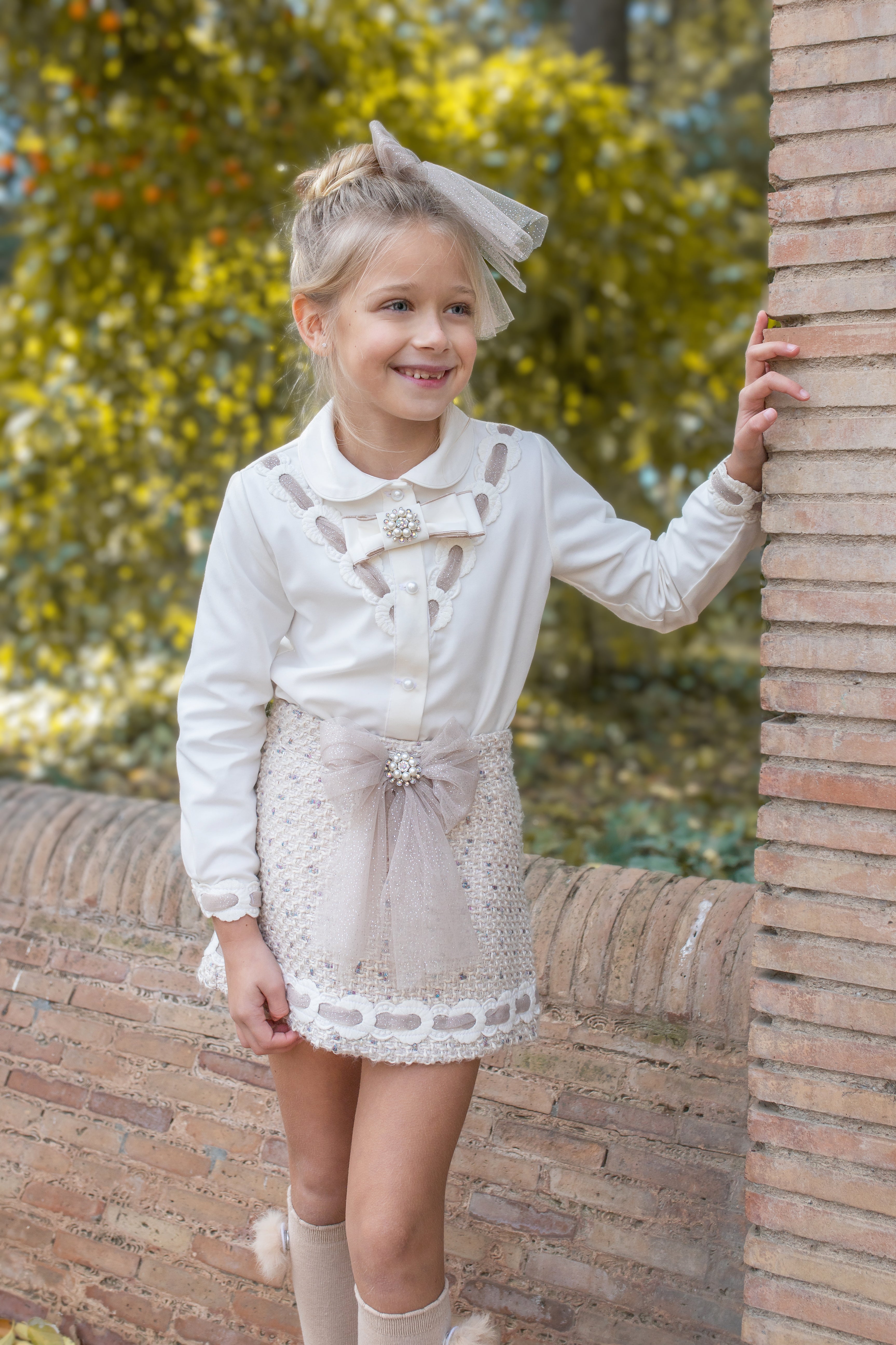PRE ORDER AW25 Naxos Girls Beige 3 Piece Tweed Blazer, Blouse & Skirt Set