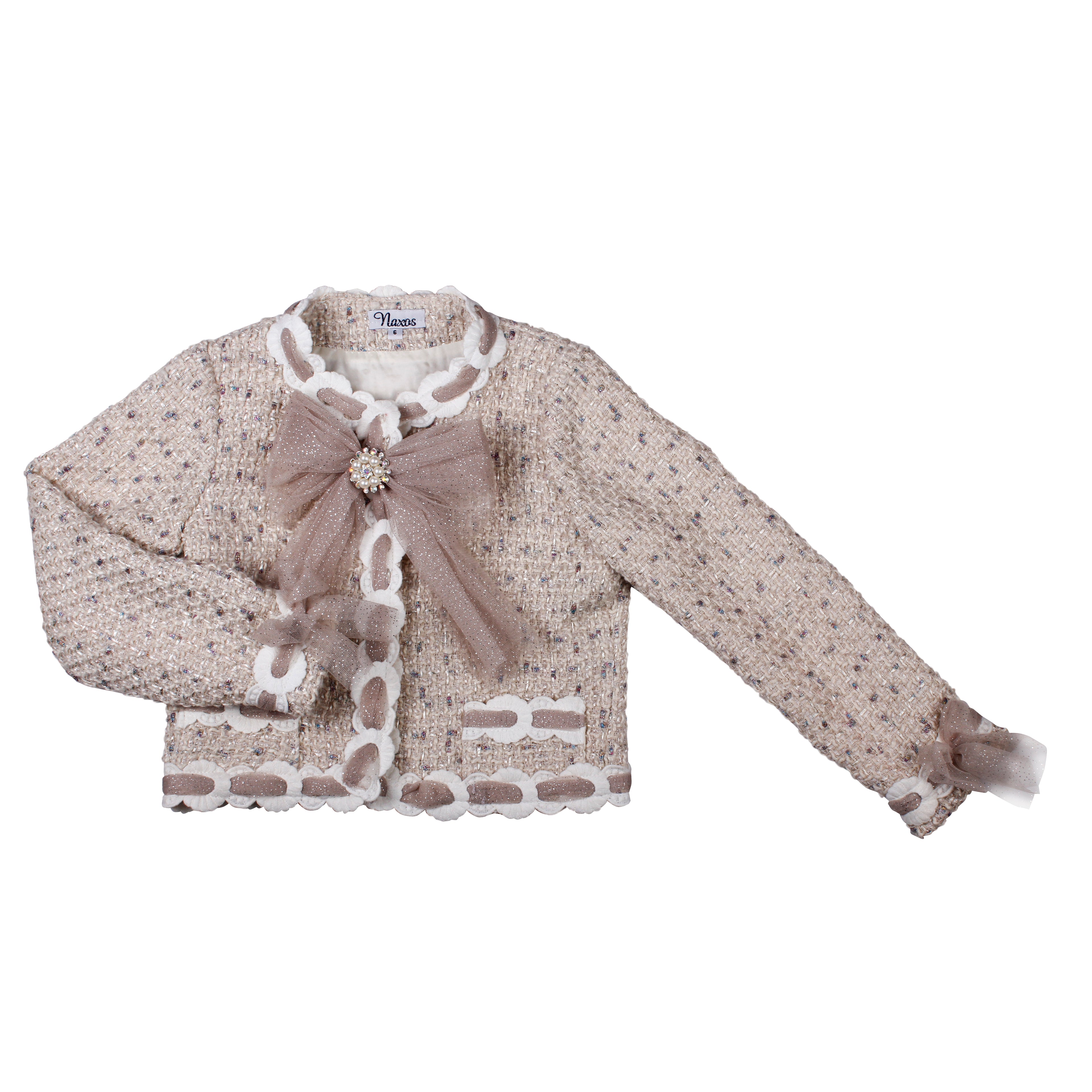 PRE ORDER AW25 Naxos Girls Beige 3 Piece Tweed Blazer, Blouse & Skirt Set