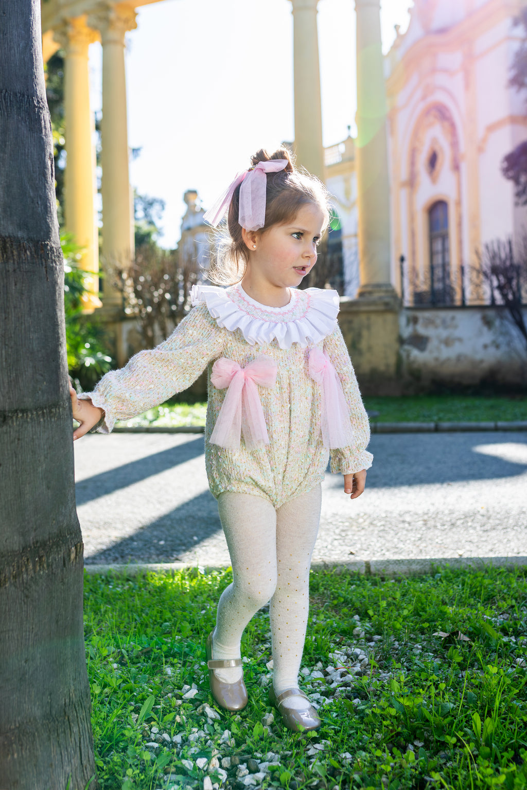 AW26 Naxos Pre Order Girls Pink Tweed Romper with Tulle Bows