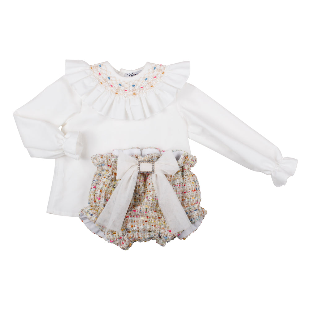AW26 Naxos Pre Order Girls Multi-Colour Tweed Blouse & Bloomer Set