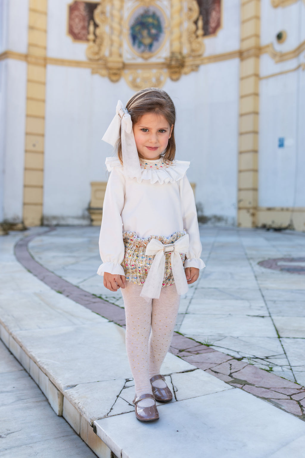 AW26 Naxos Pre Order Girls Multi-Colour Tweed Blouse & Bloomer Set