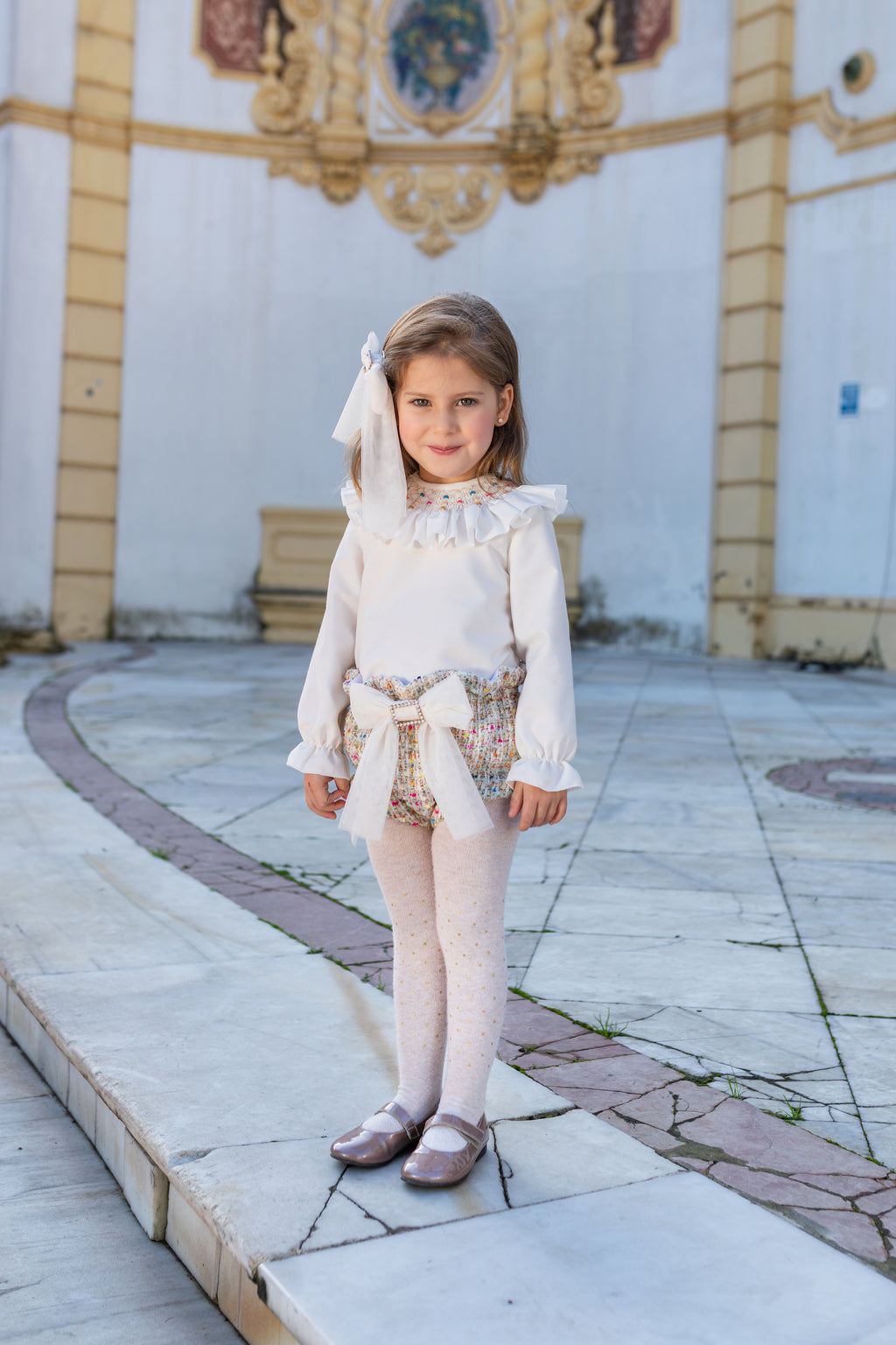 AW26 Naxos Pre Order Girls Multi-Colour Tweed Blouse & Bloomer Set