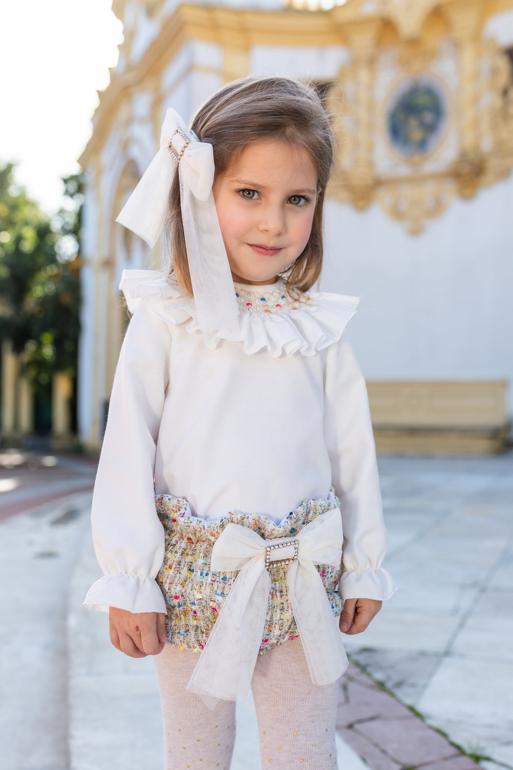 AW26 Naxos Pre Order Girls Multi-Colour Tweed Blouse & Bloomer Set