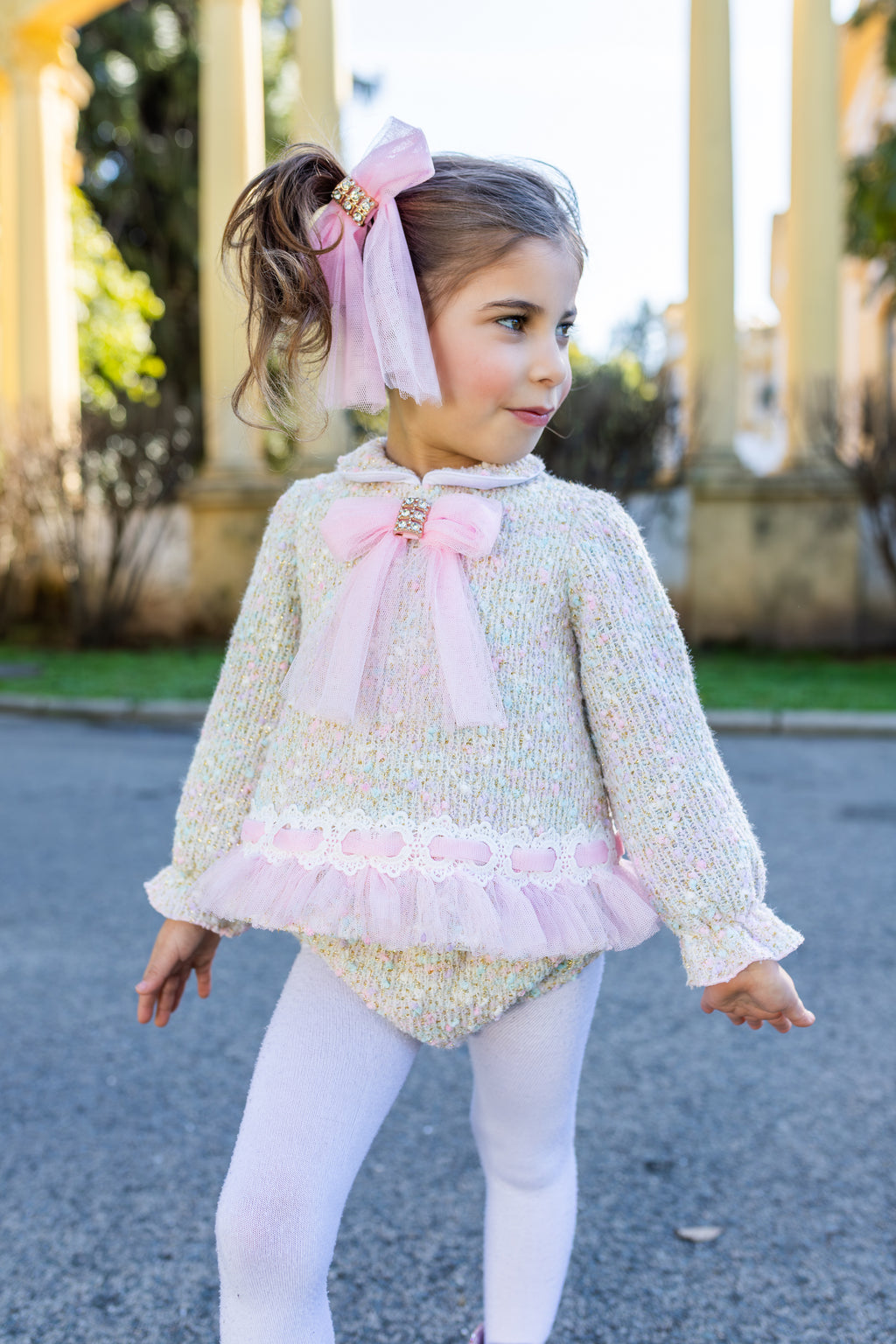 AW26 Naxos Pre Order Girls Pink Tweed Baby Dress & Matching Knickers
