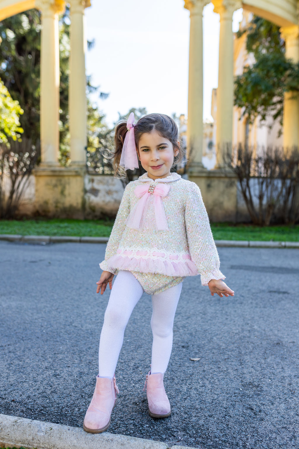 AW26 Naxos Pre Order Girls Pink Tweed Baby Dress & Matching Knickers