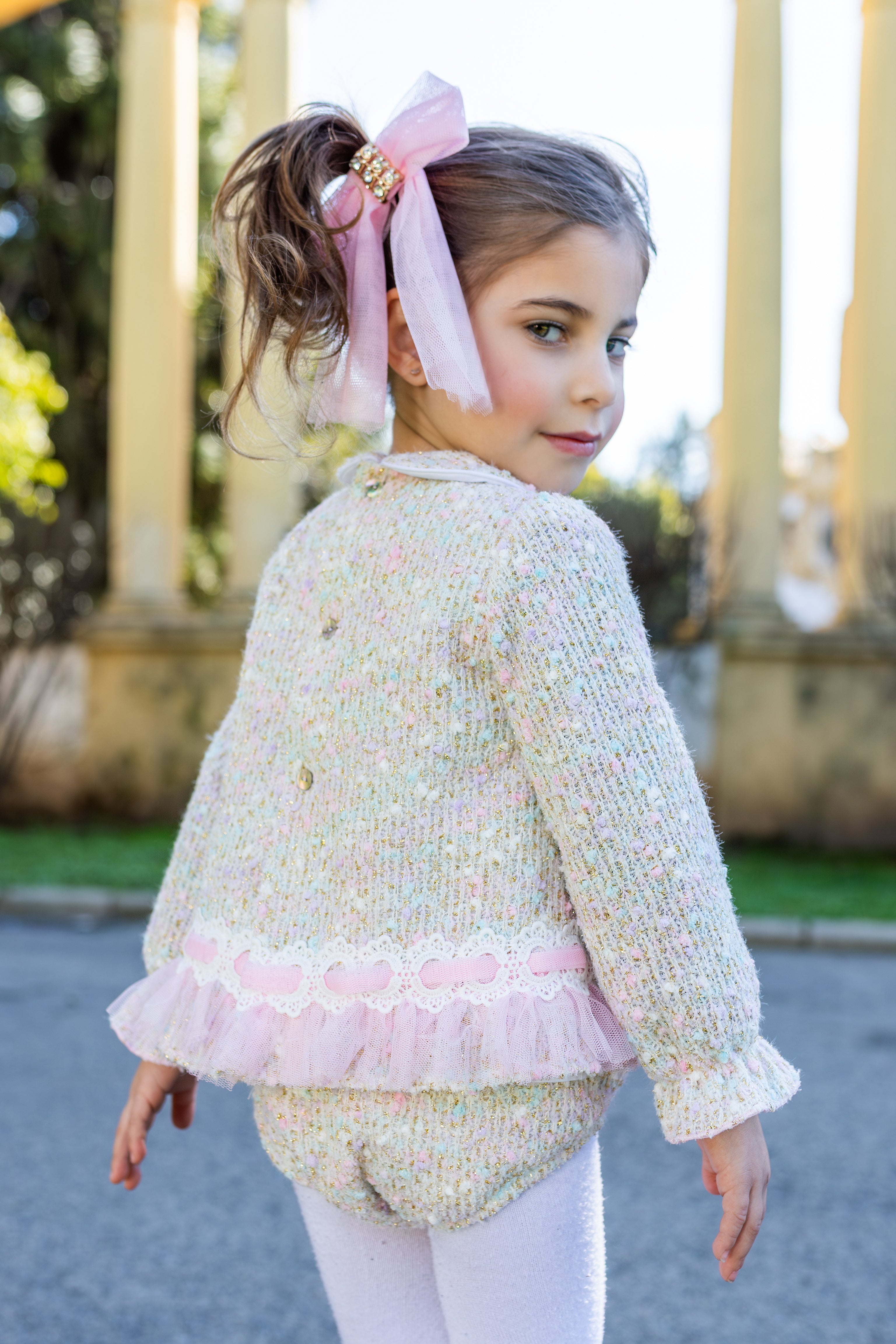AW26 Naxos Pre Order Girls Pink Tweed Baby Dress & Matching Knickers