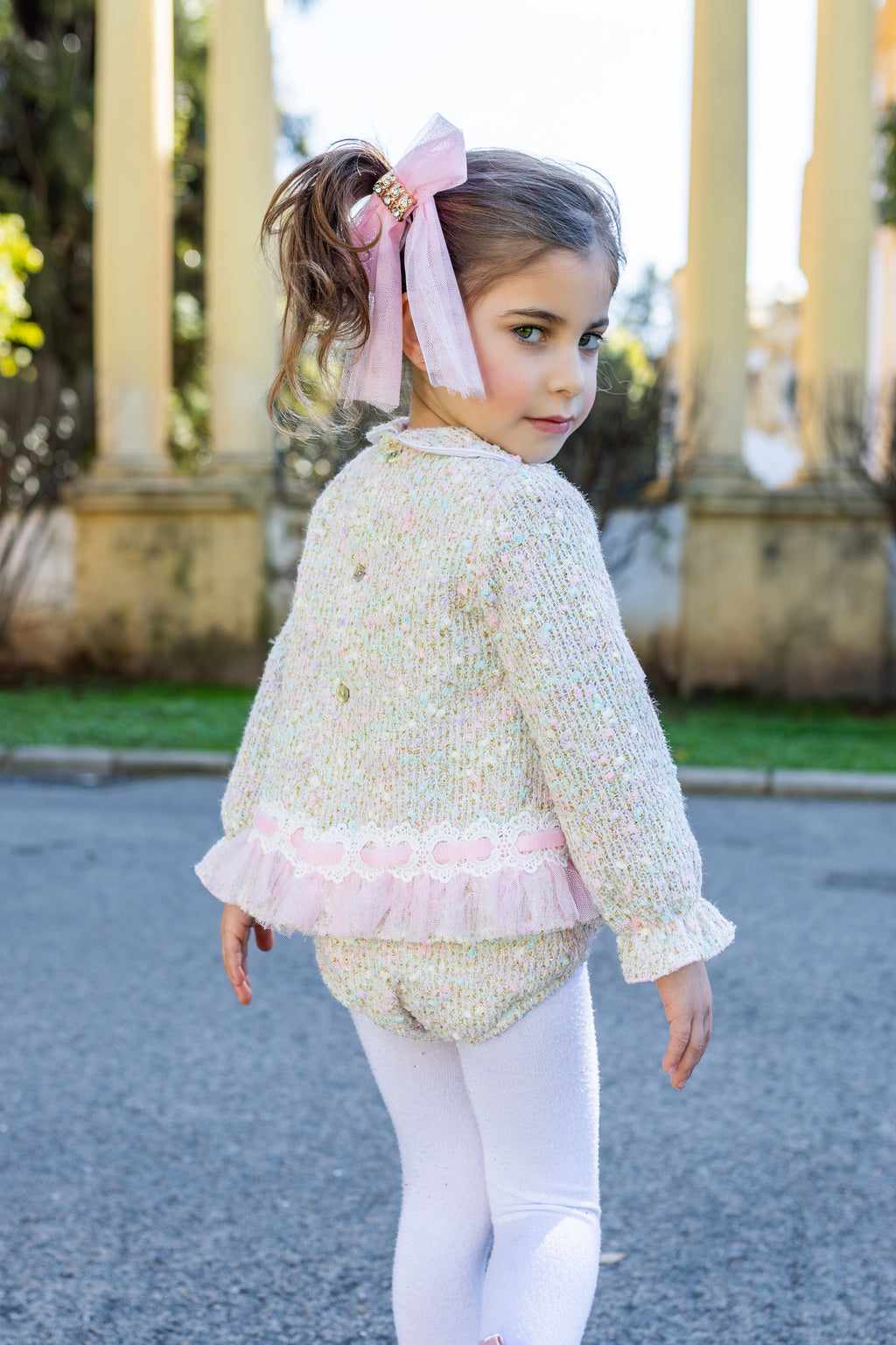 AW26 Naxos Pre Order Girls Pink Tweed Baby Dress & Matching Knickers