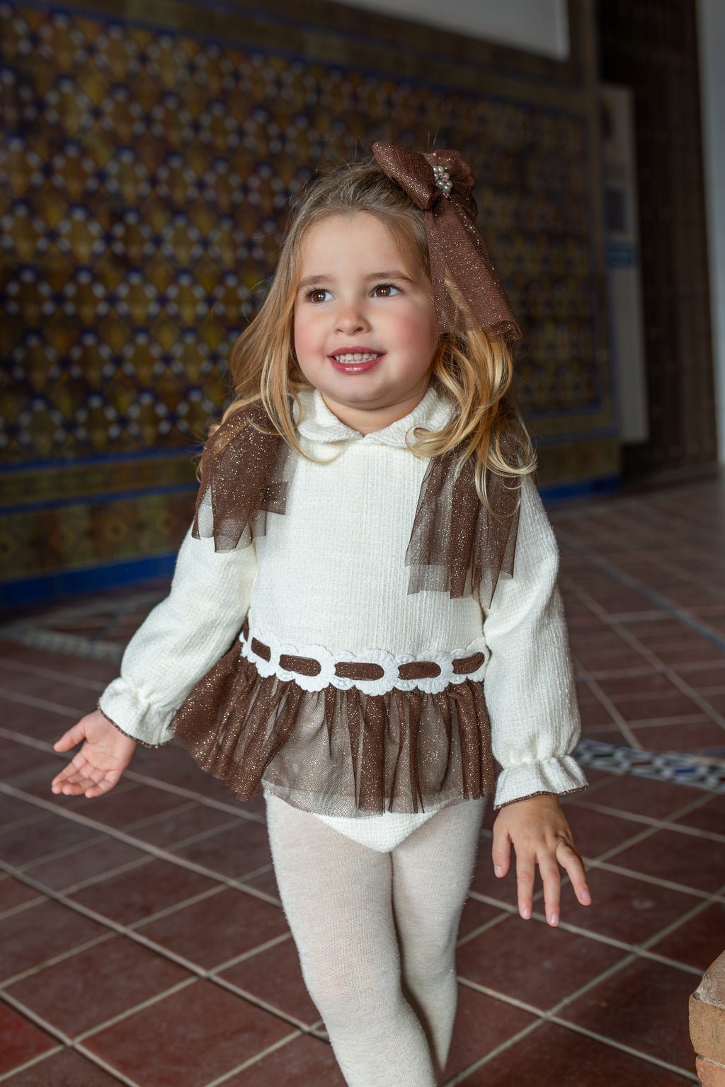 AW26 Naxos Pre Order Girls Ivory & Chocolate Tulle Dress & Matching Knickers