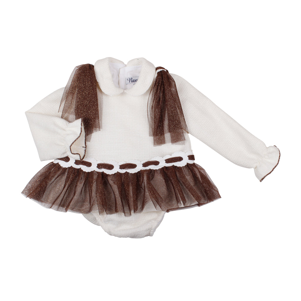 AW26 Naxos Pre Order Girls Ivory & Chocolate Tulle Dress & Matching Knickers