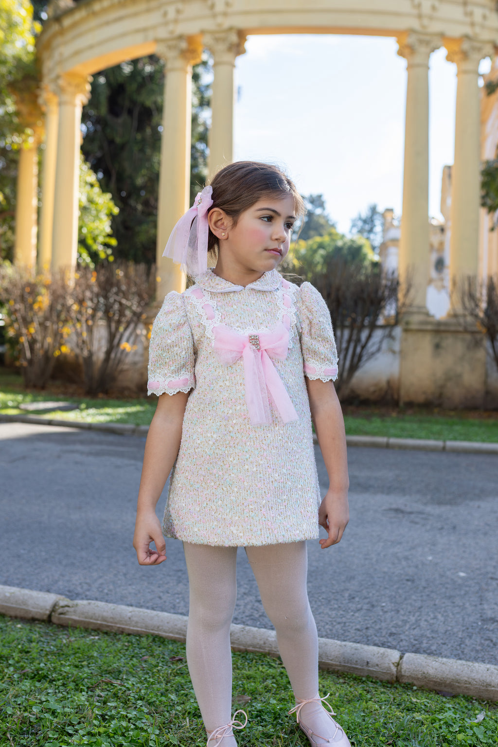 AW26 Naxos Pre Order Girls Pink Tweed & Tulle Bow Dress