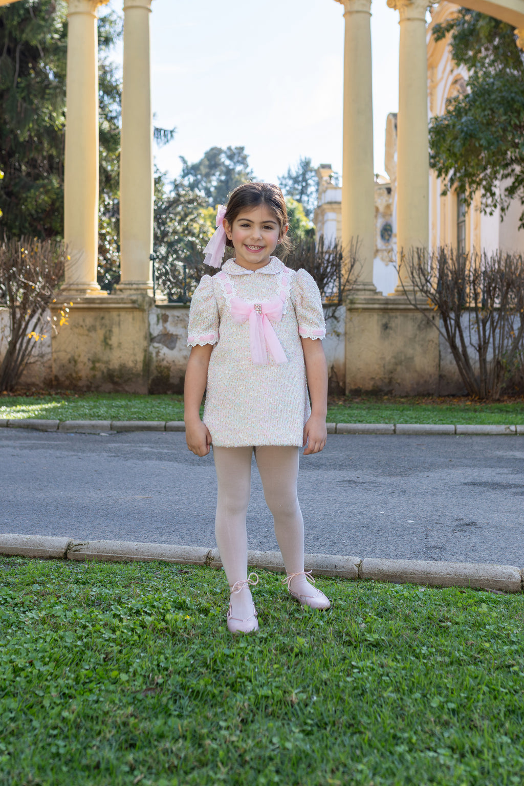 AW26 Naxos Pre Order Girls Pink Tweed & Tulle Bow Dress