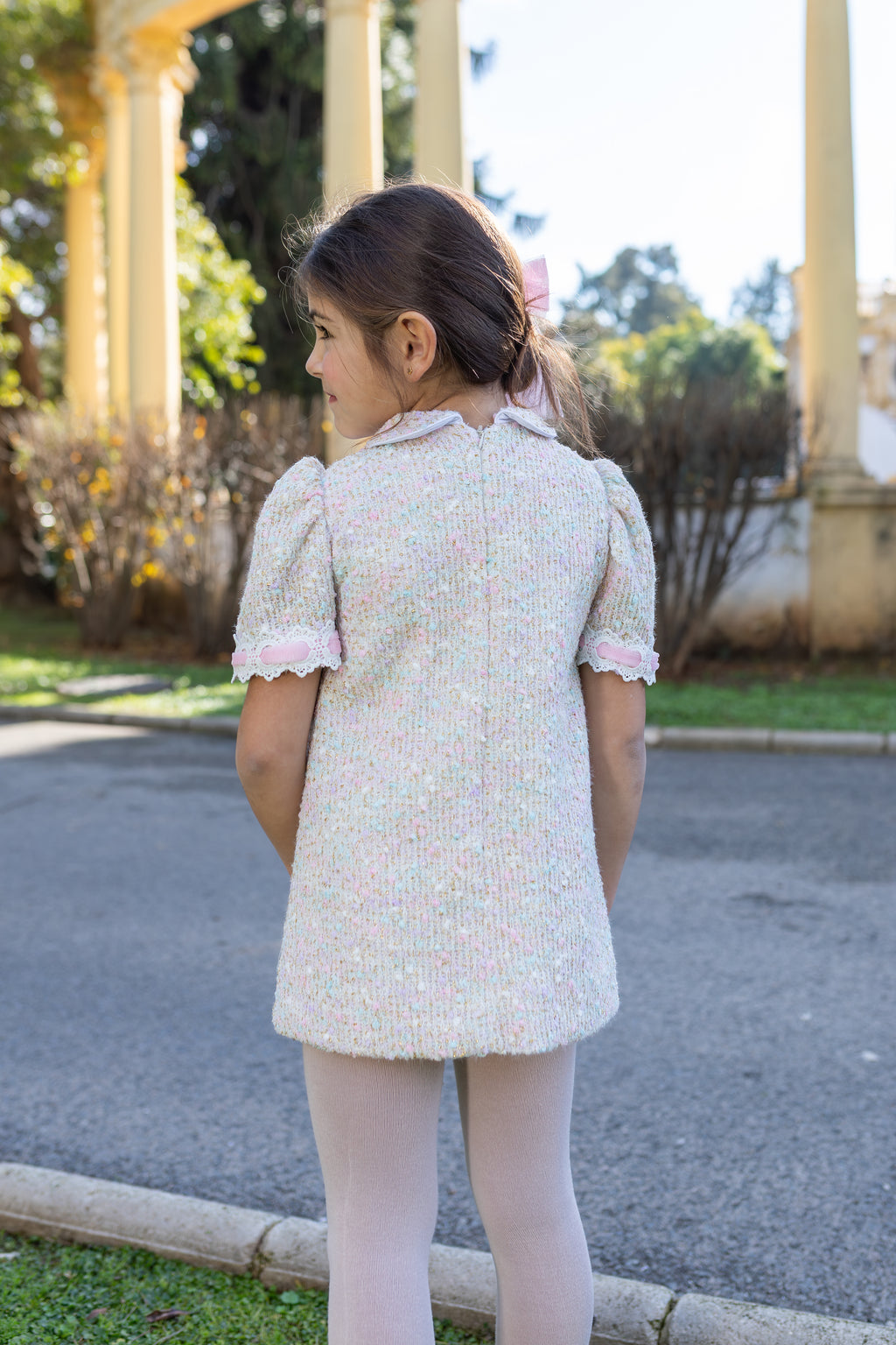 AW26 Naxos Pre Order Girls Pink Tweed & Tulle Bow Dress
