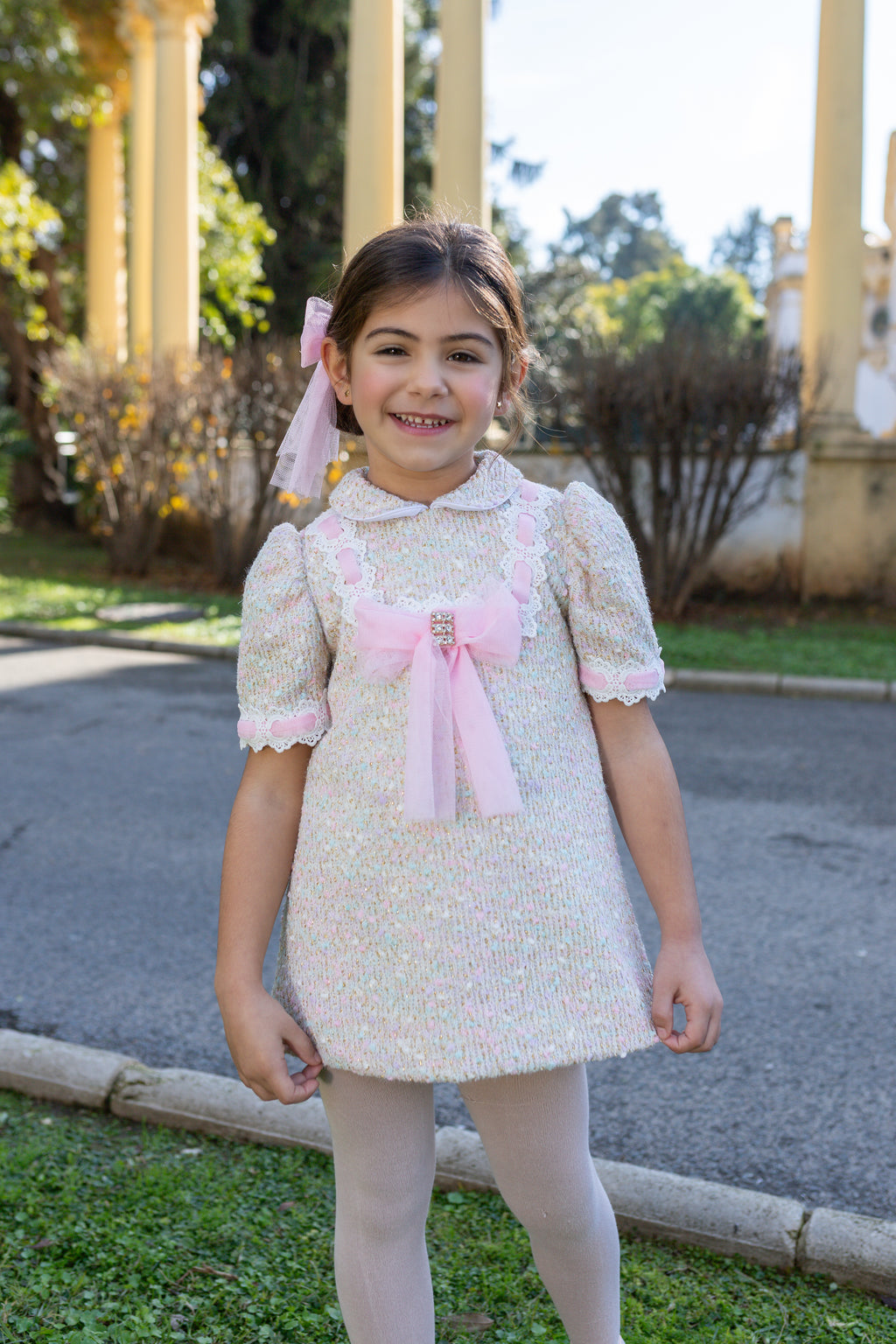 AW26 Naxos Pre Order Girls Pink Tweed & Tulle Bow Dress