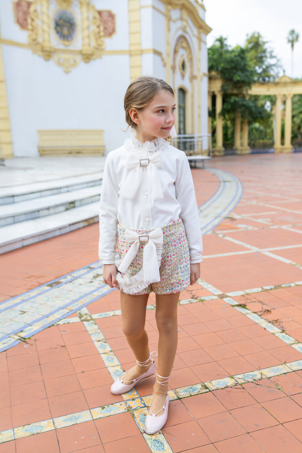 AW26 Naxos Pre Order Girls Multi-Colour Tweed Blouse & Short Set