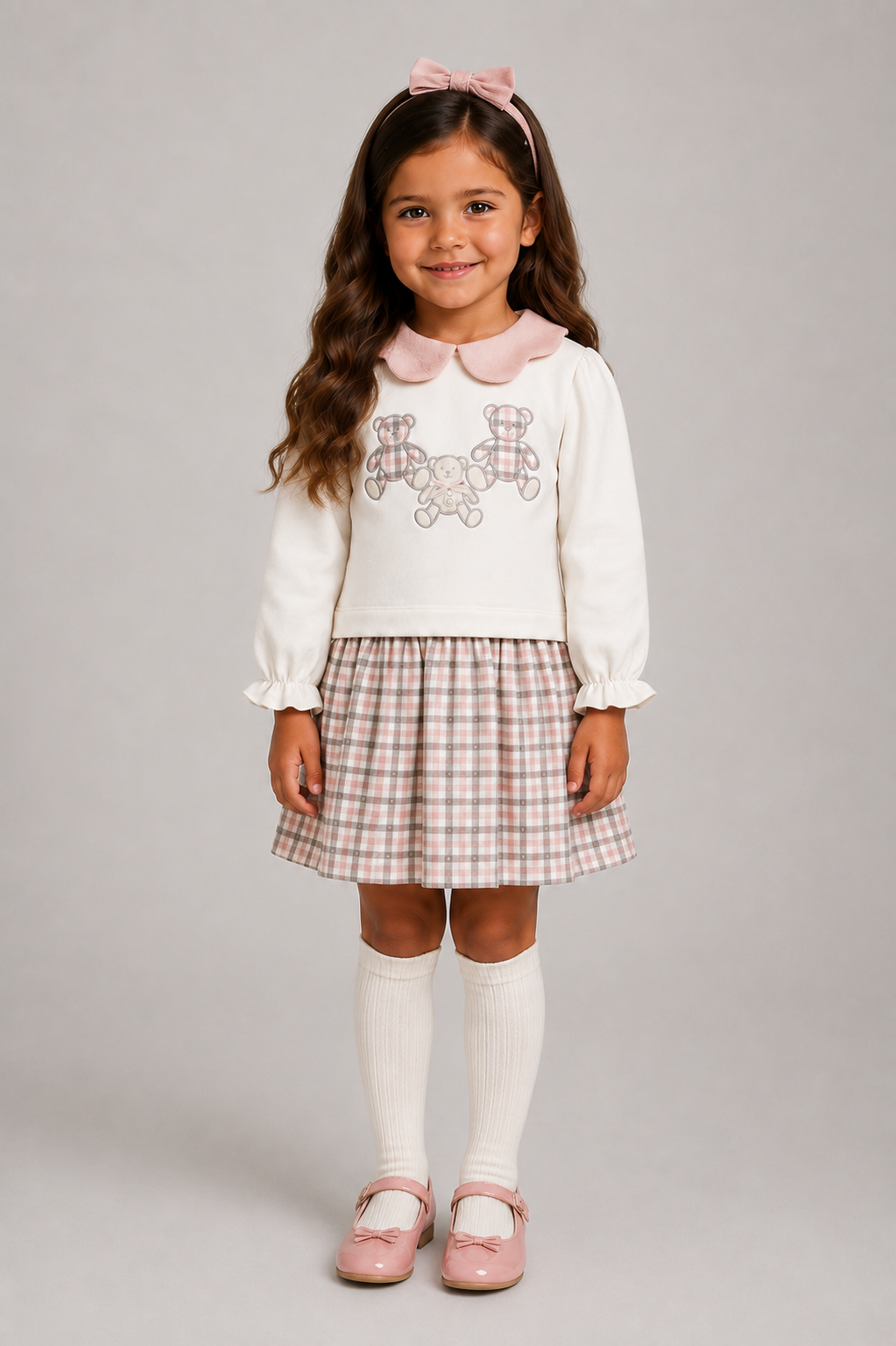 AW26 Deolinda Girls Ivory Teddy Bear Pink Check Dress
