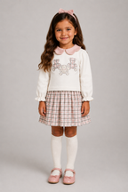 AW26 Deolinda Girls Ivory Teddy Bear Pink Check Dress