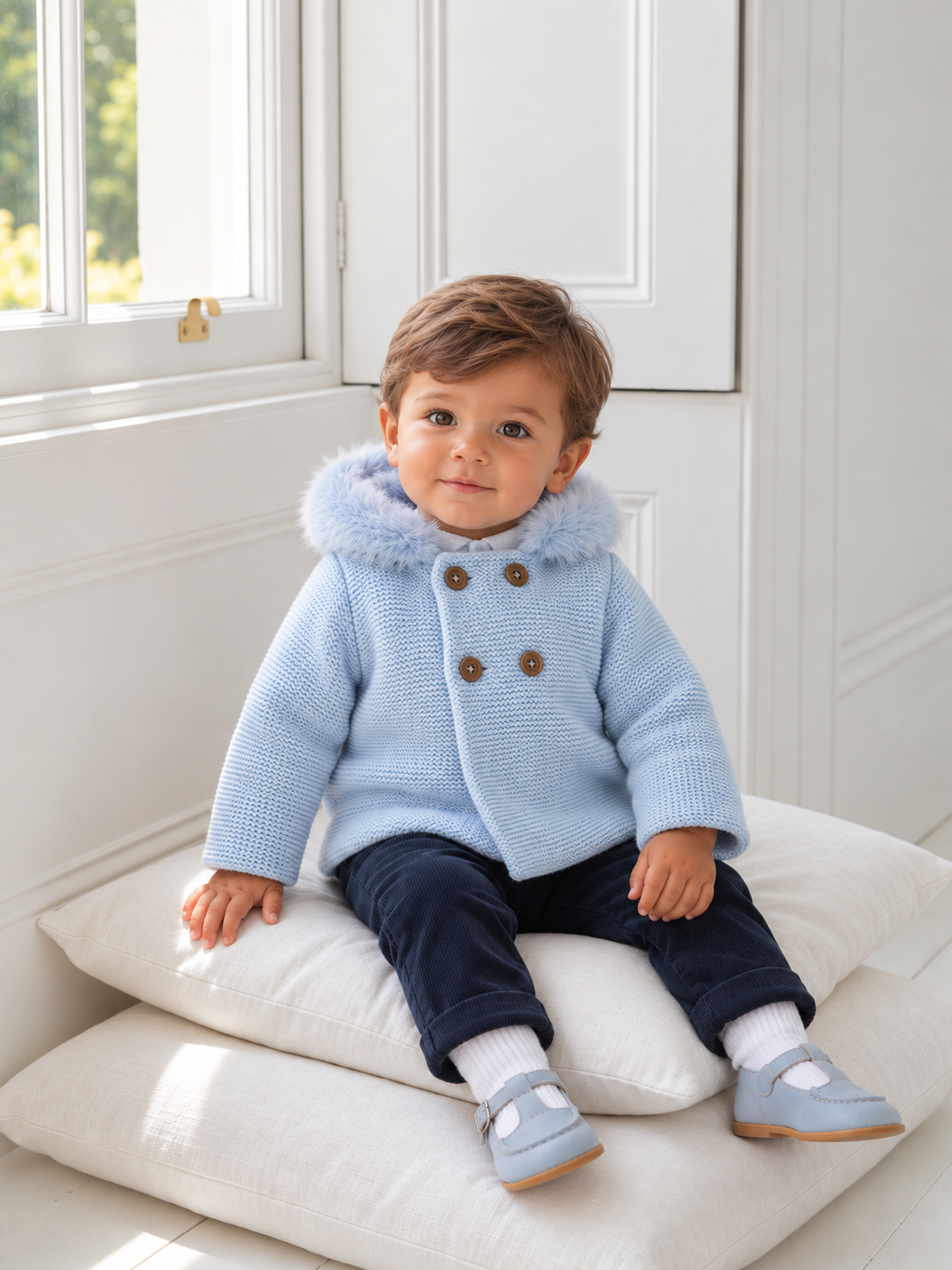 AW26 Mac Illusion Baby Blue Knitted Jacket with Fur Hood