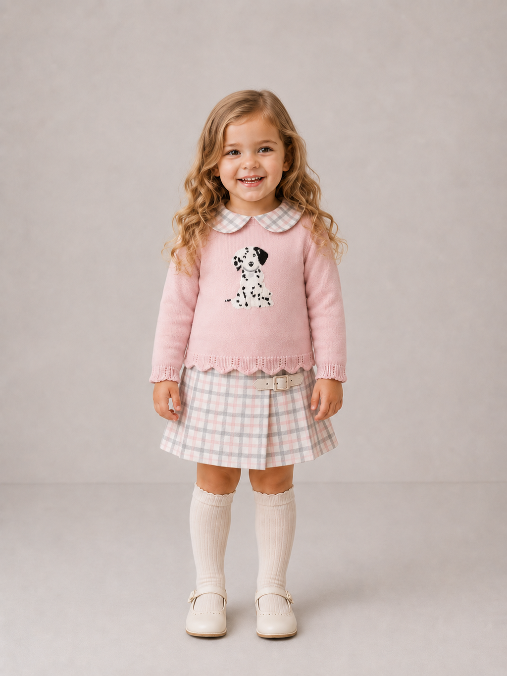 AW26 Deolinda Pink Knit Dalmatian Top & Check Skirt Set