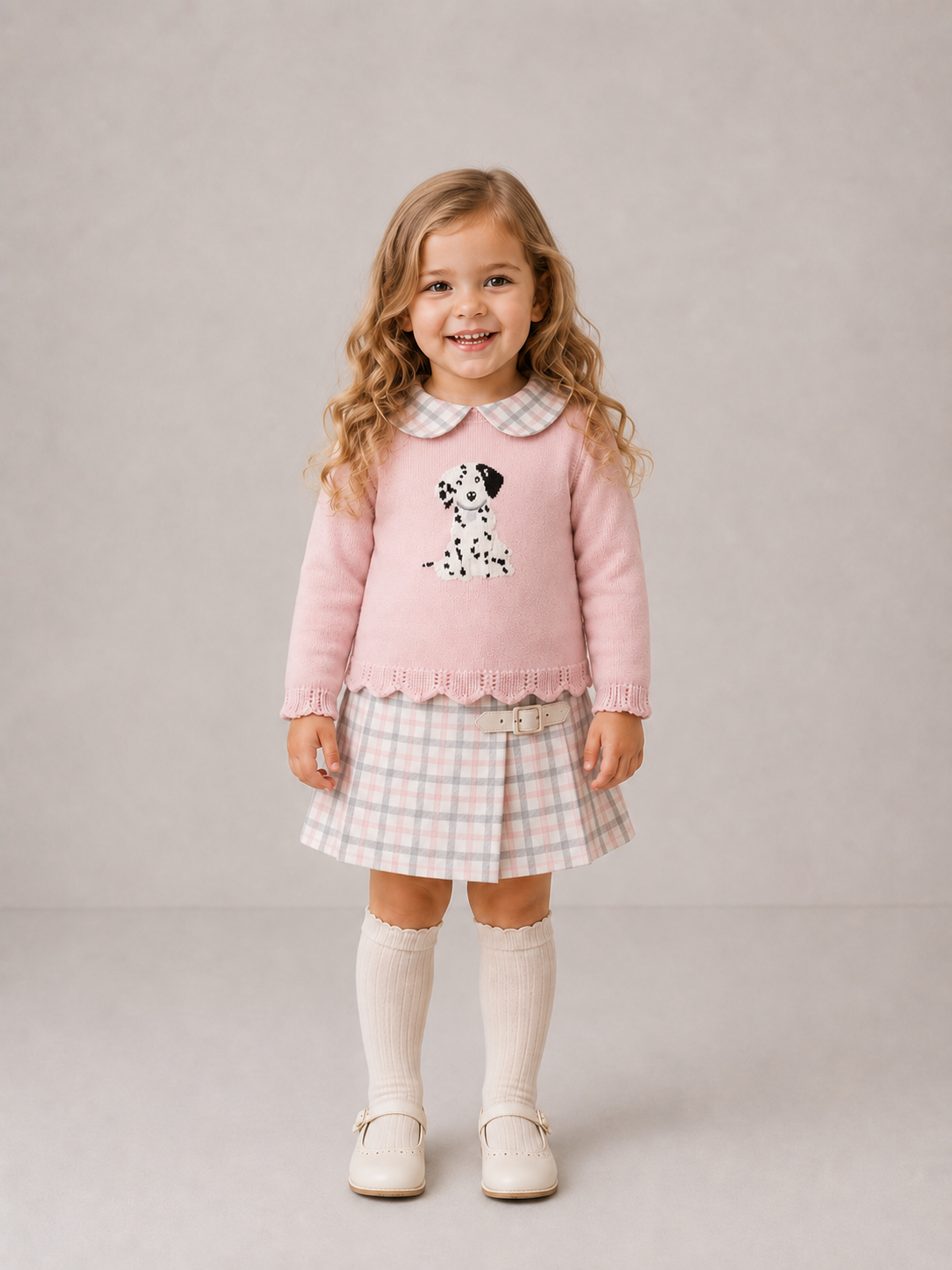 AW26 Deolinda Pink Knit Dalmatian Top & Check Skirt Set