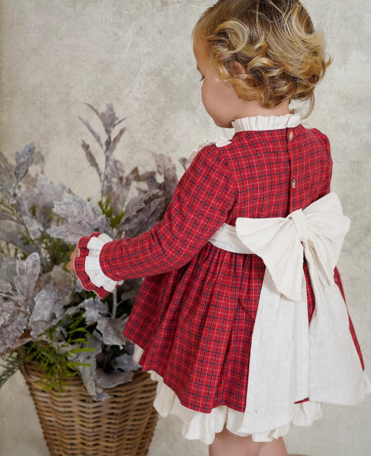 AW25 DBB Baby Girls Red Check Dress with Matching Knickers and Bonnet