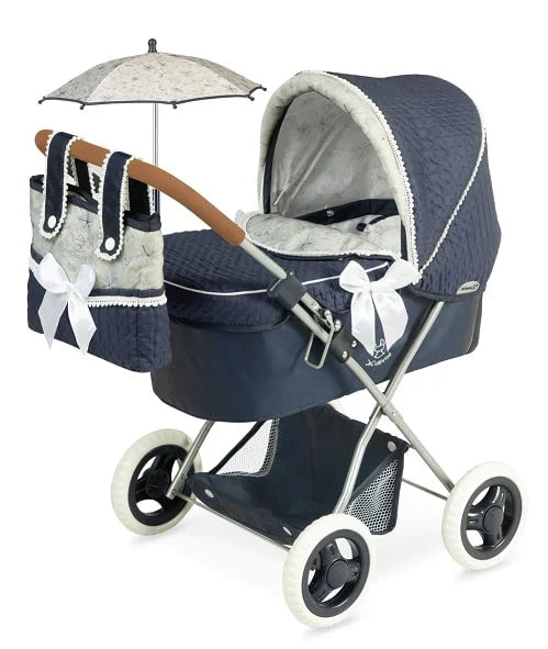 My First Reborn Folding Dolls Pram Navy with Matching Bag & Parasol