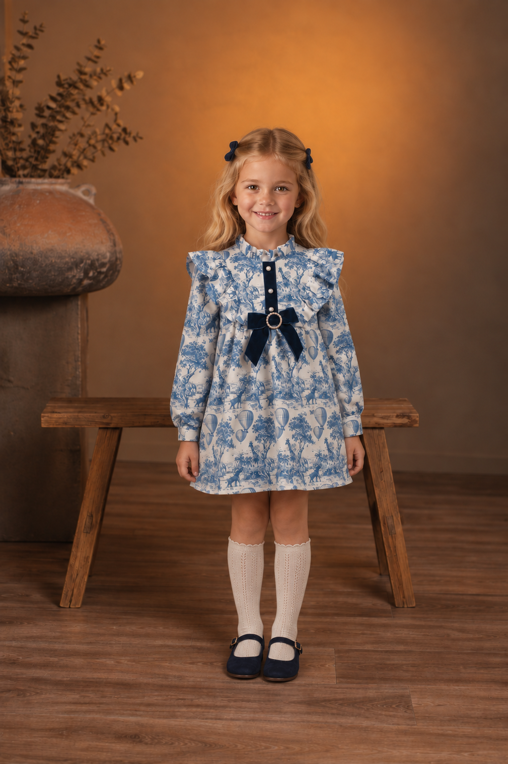 AW26 Rochy Girls Blue Toile Bow Dress